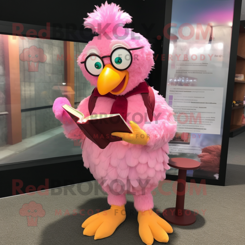 Pink Hens mascot costume character dressed with a Corduroy Pants and Reading glasses Pink Hens mascot costume character dressed with a Corduroy Pants and Reading glasses