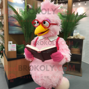 Pink Hens mascot costume character dressed with a Corduroy Pants and Reading glasses