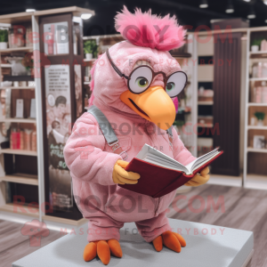 Pink Hens mascot costume character dressed with a Corduroy Pants and Reading glasses