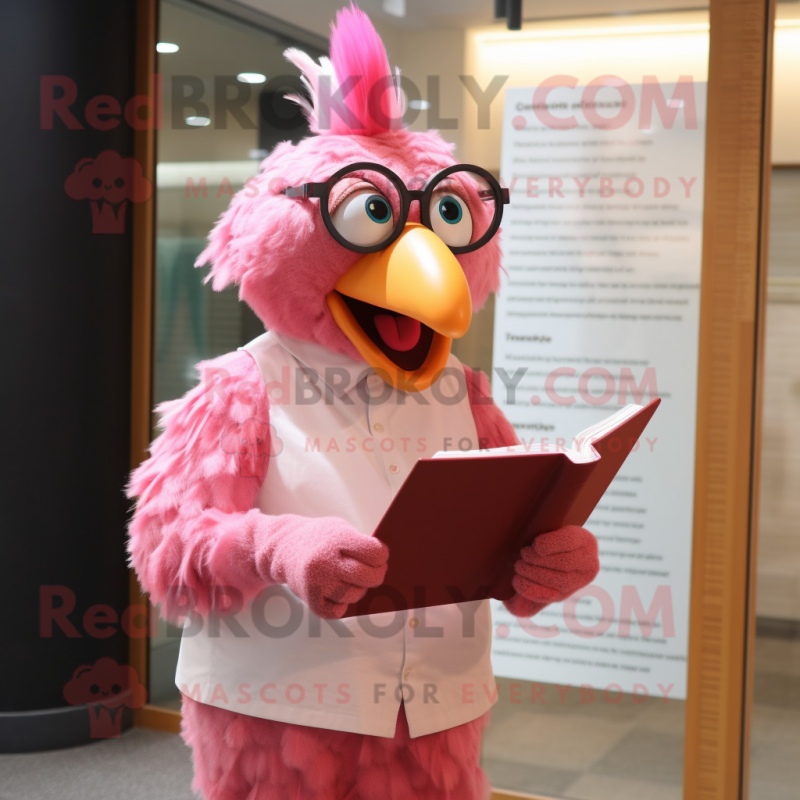 Pink Hens mascot costume character dressed with a Corduroy Pants and Reading glasses