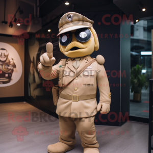 Beige Army Soldier mascot costume character dressed with a Suit Jacket and Watches