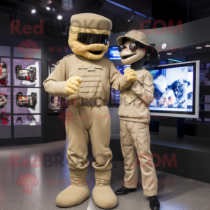 Beige Army Soldier mascot costume character dressed with a Suit Jacket and Watches
