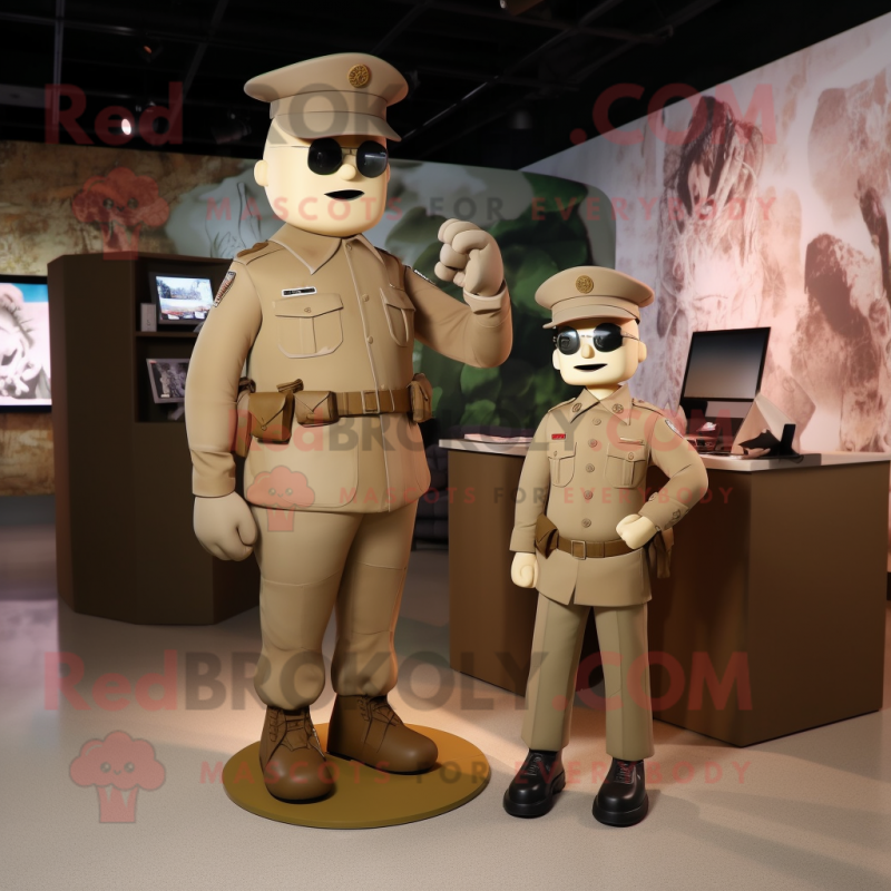 Beige Army Soldier mascot costume character dressed with a Suit Jacket and Watches