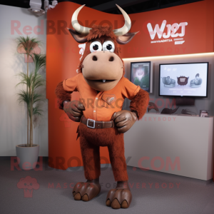 Rust Zebu mascot costume character dressed with a V-Neck Tee and Belts