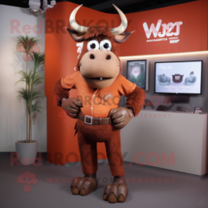 Rust Zebu mascot costume character dressed with a V-Neck Tee and Belts