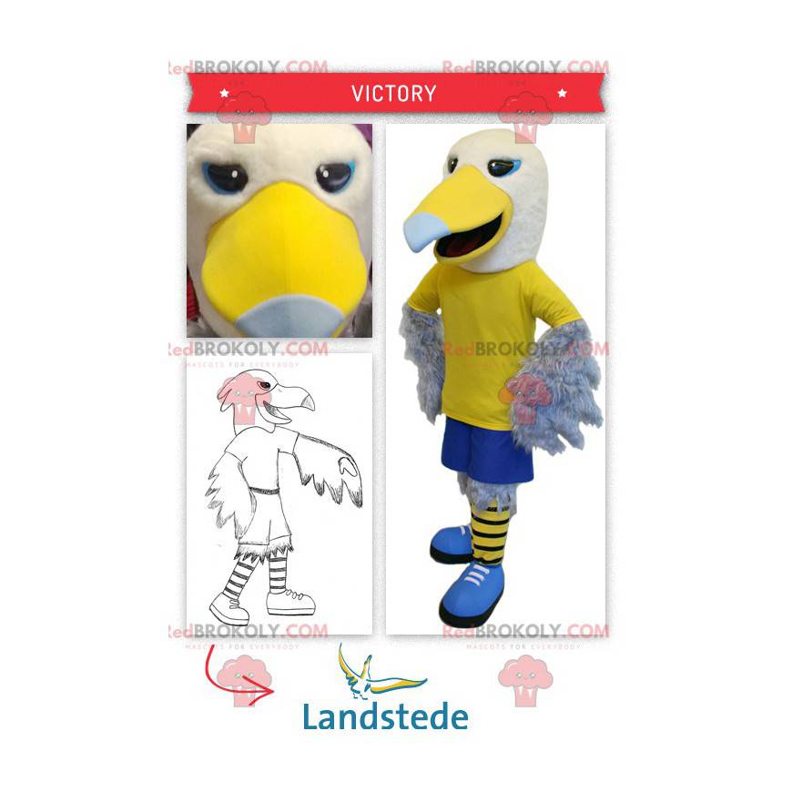 Yellow and white eagle mascot in sporty clothes - Redbrokoly.com