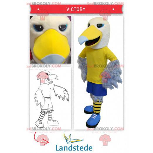 Yellow and white eagle mascot in sporty clothes - Redbrokoly.com