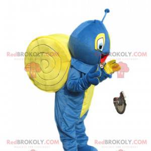 Mascote caracol azul e amarelo muito feliz - Redbrokoly.com