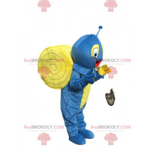 Mascote caracol azul e amarelo muito feliz - Redbrokoly.com