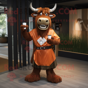 Rust Zebu mascot costume character dressed with a V-Neck Tee and Belts