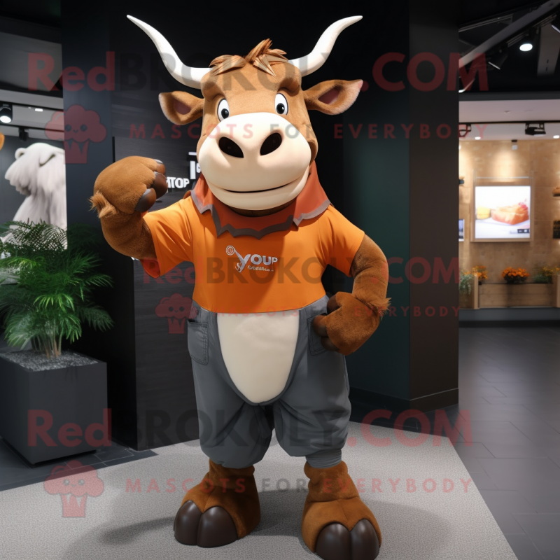 Rust Zebu mascot costume character dressed with a V-Neck Tee and Belts