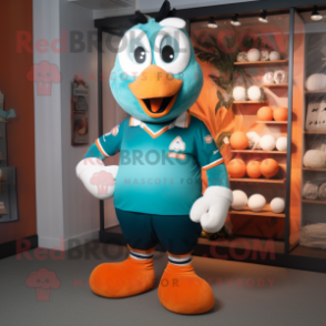 Teal Apricot mascot costume character dressed with a Rugby Shirt and Cummerbunds