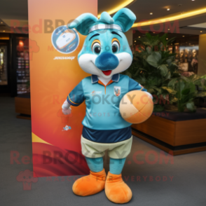 Teal Apricot mascot costume character dressed with a Rugby Shirt and Cummerbunds