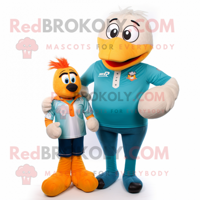 Teal Apricot mascot costume character dressed with a Rugby Shirt and Cummerbunds