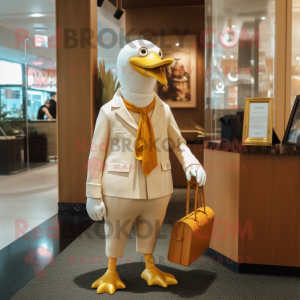 Gold Seagull mascot costume character dressed with a Suit Jacket and Clutch bags