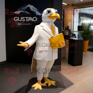 Gold Seagull mascot costume character dressed with a Suit Jacket and Clutch bags