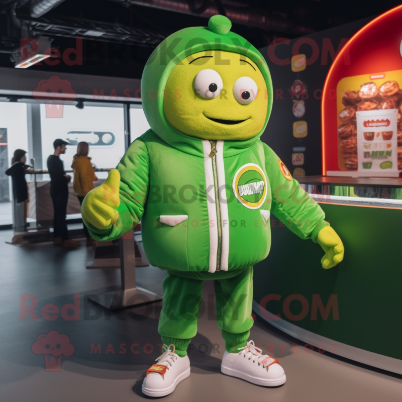 Lime Green Currywurst mascot costume character dressed with a Bomber Jacket and Hairpins Lime Green Currywurst mascot costume character dressed with a Bomber Jacket and Hairpins