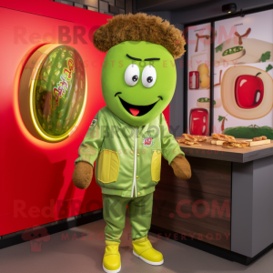 Lime Green Currywurst mascot costume character dressed with a Bomber Jacket and Hairpins