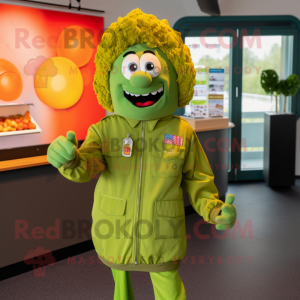 Lime Green Currywurst mascot costume character dressed with a Bomber Jacket and Hairpins