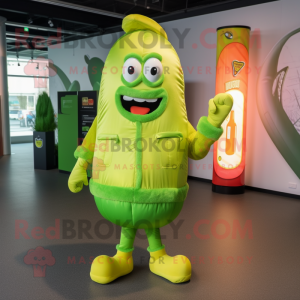 Lime Green Currywurst mascot costume character dressed with a Bomber Jacket and Hairpins