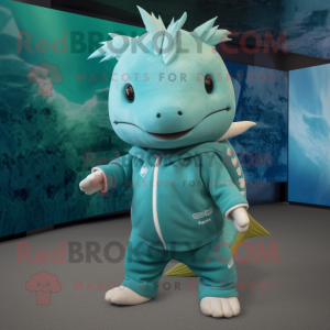 Teal Axolotls mascot costume character dressed with a Sweatshirt and Pocket squares
