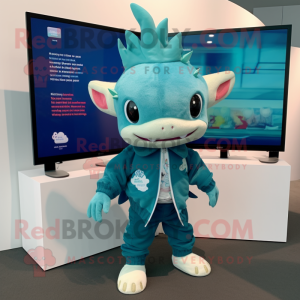 Teal Axolotls mascot costume character dressed with a Sweatshirt and Pocket squares