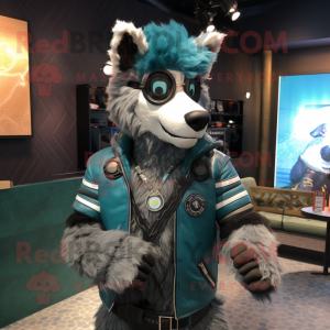 Teal Shepard'S Pie mascot costume character dressed with a Moto Jacket and Bracelets