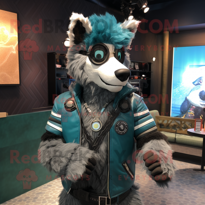 Teal Shepard'S Pie mascot costume character dressed with a Moto Jacket and Bracelets Teal Shepard'S Pie mascot costume character dressed with a Moto Jacket and Bracelets