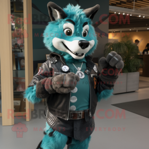 Teal Shepard'S Pie mascot costume character dressed with a Moto Jacket and Bracelets
