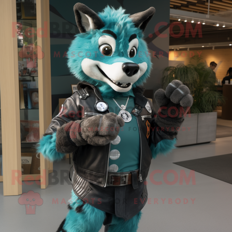 Teal Shepard'S Pie mascot costume character dressed with a Moto Jacket and Bracelets