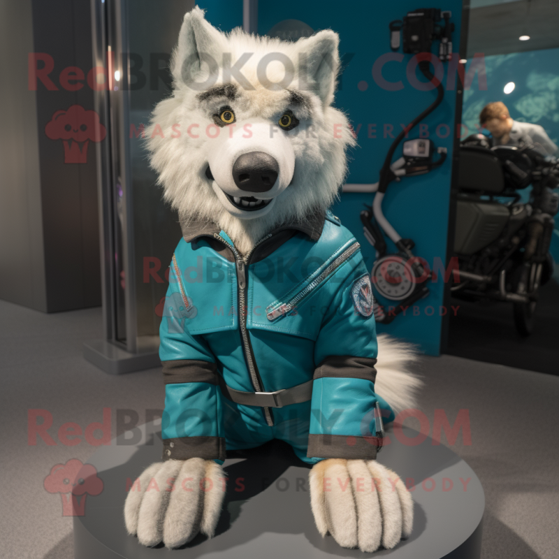 Teal Shepard'S Pie mascot costume character dressed with a Moto Jacket and Bracelets Teal Shepard'S Pie mascot costume character dressed with a Moto Jacket and Bracelets