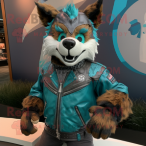 Teal Shepard'S Pie mascot costume character dressed with a Moto Jacket and Bracelets