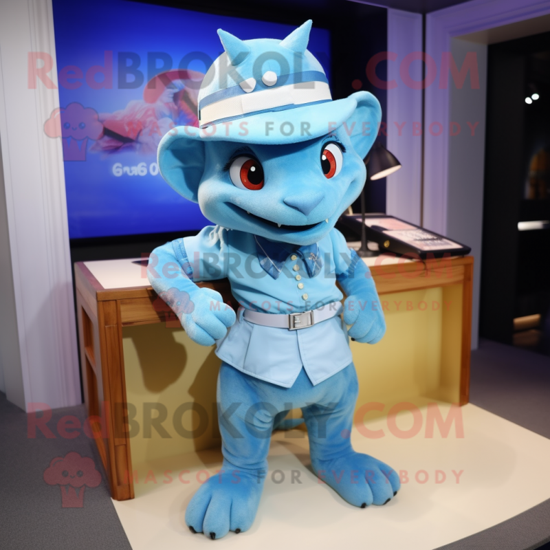 Sky Blue Chupacabra mascot costume character dressed with a Pencil Skirt and Berets Sky Blue Chupacabra mascot costume character dressed with a Pencil Skirt and Berets