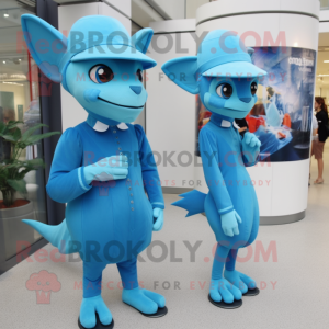 Sky Blue Chupacabra mascot costume character dressed with a Pencil Skirt and Berets
