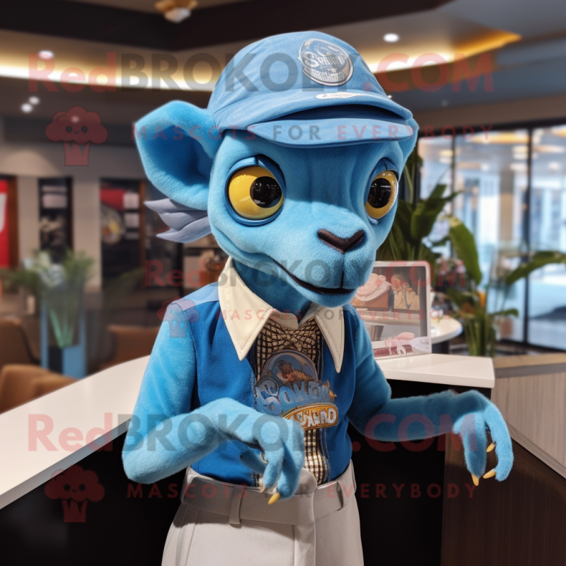 Sky Blue Chupacabra mascot costume character dressed with a Pencil Skirt and Berets