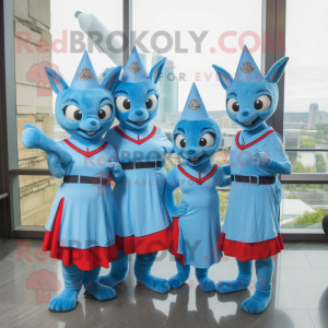 Sky Blue Chupacabra mascot costume character dressed with a Pencil Skirt and Berets