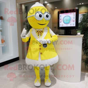 Lemon Yellow Doctor mascot costume character dressed with a Ball Gown and Digital watches