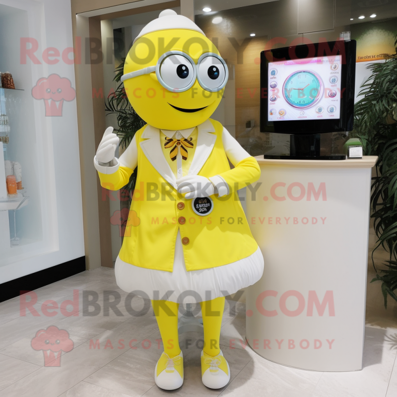 Lemon Yellow Doctor mascot costume character dressed with a Ball Gown and Digital watches Lemon Yellow Doctor mascot costume character dressed with a Ball Gown and Digital watches