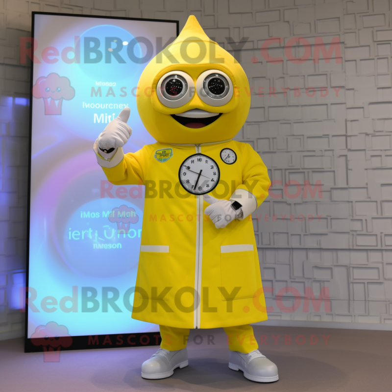 Lemon Yellow Doctor mascot costume character dressed with a Ball Gown and Digital watches