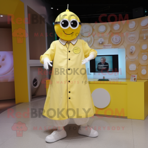 Lemon Yellow Doctor mascot costume character dressed with a Ball Gown and Digital watches