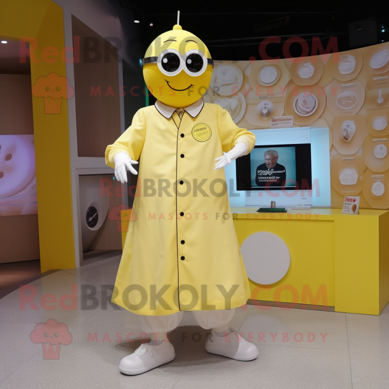 Lemon Yellow Doctor mascot costume character dressed with a Ball Gown and Digital watches