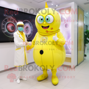 Lemon Yellow Doctor mascot costume character dressed with a Ball Gown and Digital watches