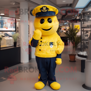 Yellow Navy Soldier mascot costume character dressed with a Trousers and Hat pins