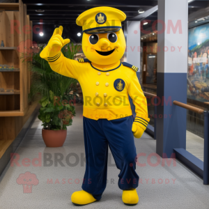Yellow Navy Soldier mascot costume character dressed with a Trousers and Hat pins