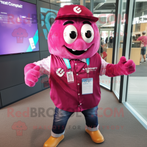 Magenta Ice mascot costume character dressed with a Button-Up Shirt and Smartwatches