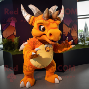 Orange Triceratops mascot costume character dressed with a Polo Tee and Rings