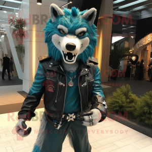 Teal Wolf mascot costume character dressed with a Biker Jacket and Shoe laces