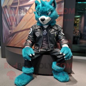 Teal Wolf mascot costume character dressed with a Biker Jacket and Shoe laces