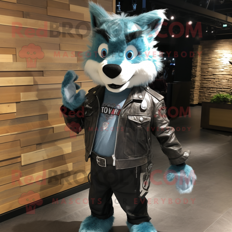 Teal Wolf mascot costume character dressed with a Biker Jacket and Shoe laces