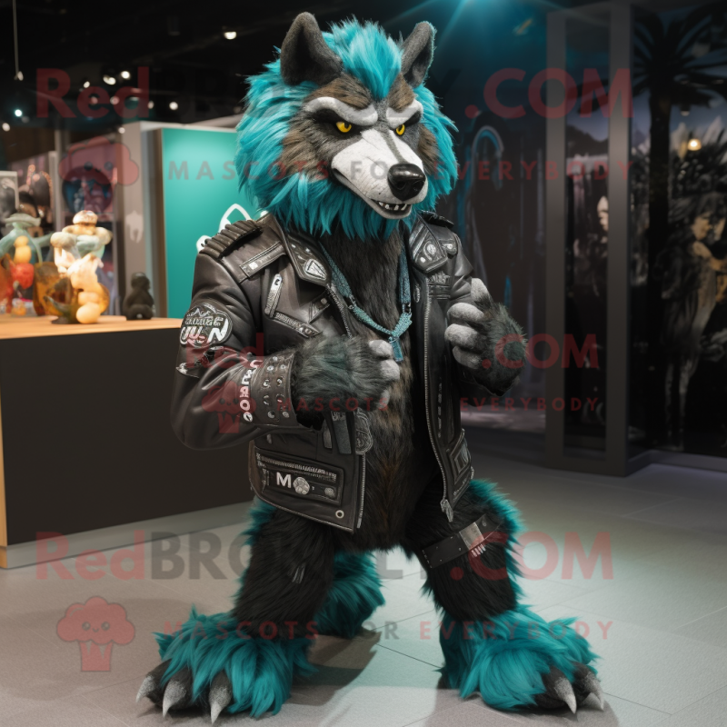 Teal Wolf mascot costume character dressed with a Biker Jacket and Shoe laces